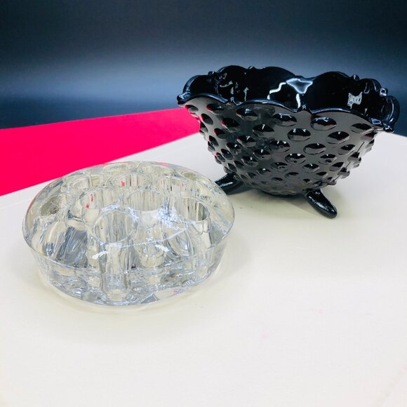 Vintage Black Glass Hobnail Footed Bowl and Clear Glass Flower Frog: Centerpiece - Picture 2 of 12